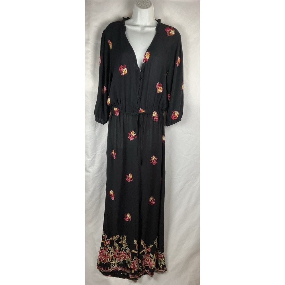 Liv Los Angeles Women's Size L  Black Embroidered‎ Gauze Jumpsuit Drawstring